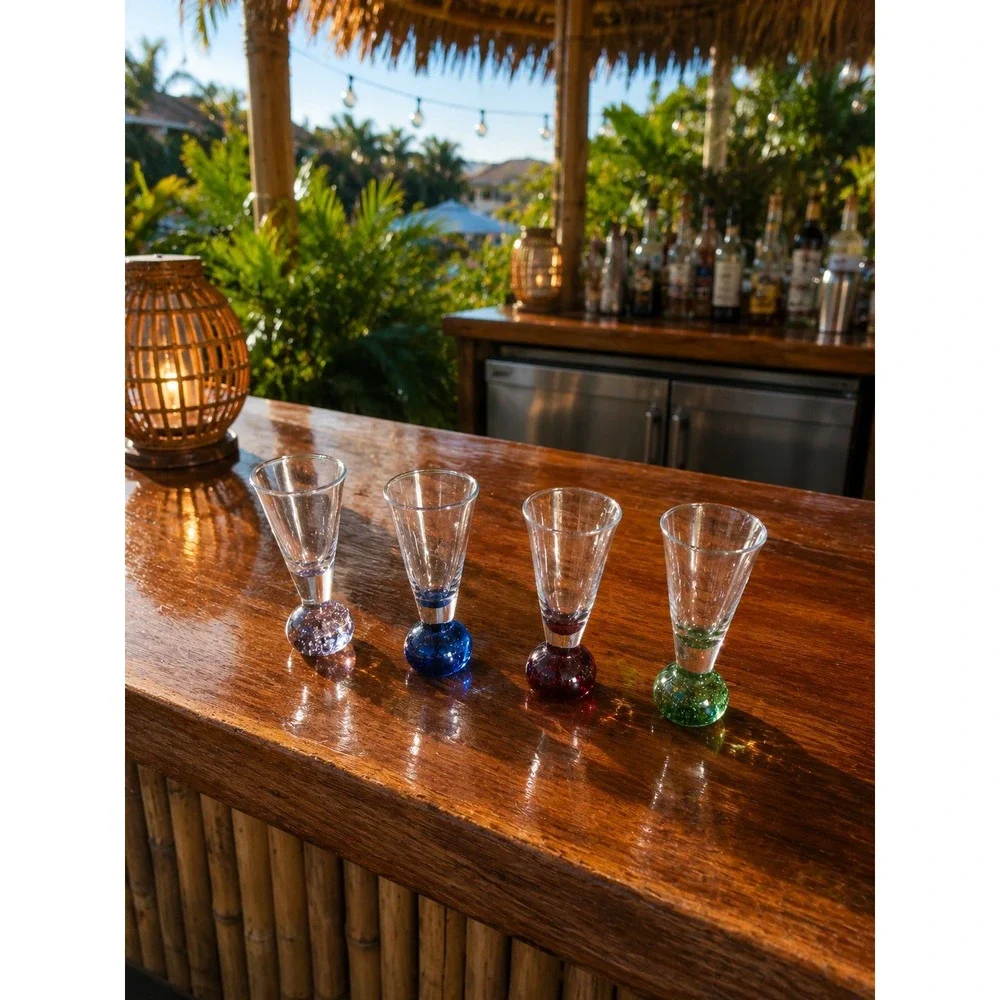 Set of 4 Colorful Controlled Bubble Base Cordial Liqueur Glasses V-Shape Bowl